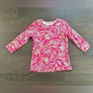 Appleseeds Women’s Floral Top Pink Orange White Size Small EUC 3/4 Length Sleeve